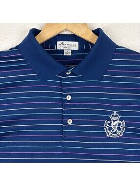 Peter Millar Polo Shirt Men’s L Navy Blue Striped Royal County Down Golf Club UK